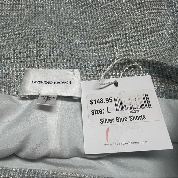 LAVENDER BROWN Silver Blue Tweed Shorts L High Waist Textured Lined Dressy Chic - Picture 3 of 14